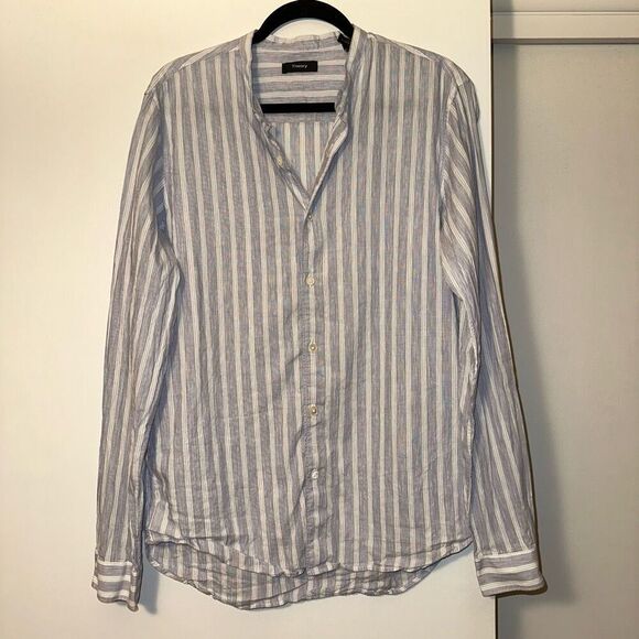 Theory Womens Blue White Linen Blend Button Down Shirt Large EUC - Picture 1 of 12